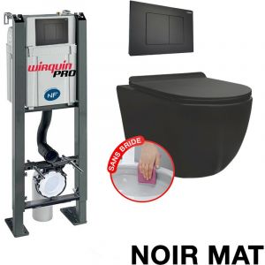 Image de Wirquin Pack Complet WC Bati Autoportant + Cuvette Noir Mat sans bride + Plaque Noir Mat