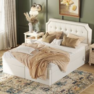 Lit double rembourr&eacute; en similicuir - 140x200cm - ouvert des 2 c&ocirc;t&eacute;s - Blanc