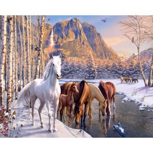 Figured'Art Peinture par Numéro Adulte Chevaux à la fin de l'hiver - Activité Manuelle Kit de Loisir Créatif DIY Numéro d'Art Complet - 40x50cm sans châssis en bois