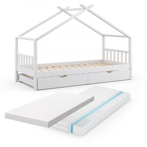 Lit cabane Design, Blanc, 90x200 cm avec lit d'appoint et 2 matelas Vitalispa