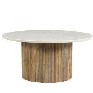 Marbella-table basse ronde 70 cm en marbre blanc et bois massif