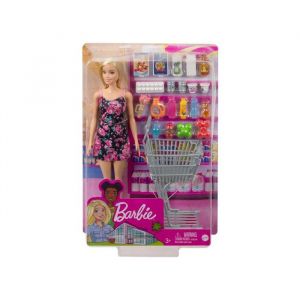 Mattel Coffret supermarché + poupée + 21 accessoires - poupée mannequin shopping - set 22 pieces + carte animal