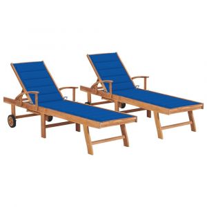 Lot de 2 transats chaise longue bain de soleil lit de jardin terrasse meuble d'extérieur avec coussin bleu royal teck solide 02_0012028