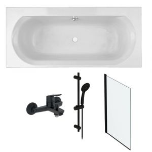 Jacob Delafon Pack baignoire droite 170 x 75 Elise + pack pommeau et mitigeur bain douche noir mat + pare bain noir mat + vidage