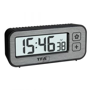 TFA Dostmann 60.2522.10 Réveil numérique sans Fil avec Interrupteur de température et d'humidité avec valeurs maximales et minimales, avec Alarme et Horloge Radio-pilotée, réveil de Voyage, Petit,