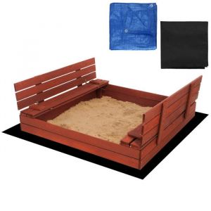 Bac à sable en bois - Springos - 140 x 140 cm - Avec bancs - Bâche de protection incluse - Imprégnation à leau