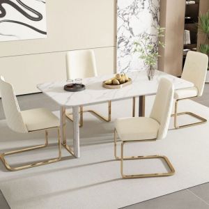 Chaises de salle &agrave; manger - PDZZZD- Lot de 4 - Velours beige - Dossier en losange - Pieds en m&eacute;tal dor&eacute;