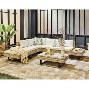Sashi &ndash; salon de jardin d'angle en r&eacute;sine grise &ndash; 5 places - coussins gris clair et table incluse - gris