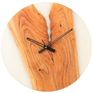 M&S Horloge 55 cm en r&eacute;sine blanc et acacia naturel - REZIN