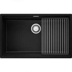 Image de Evier Cuisine en Granit 76x47 cm Lavabo 1 bac + Siphon Classique + égouttoir enroulable, Évier à Encastrer de Primagran Noir - black