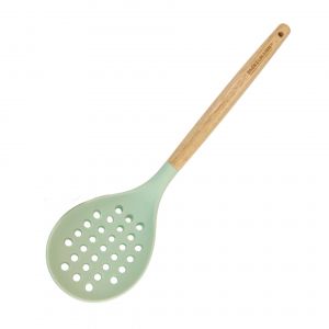 Fackelmann Ocean Écumoire en silicone, noyau rigide en acier, manche en bois antidérapant et ergonomique, passe au lave-vaisselle, 32 x 8 cm, vert d'eau, 1 unité