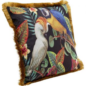 Kare Design Coussin Birds Paradise - Multicolore - Motif Perroquet - Aspect Velours - avec Franges - Coussin décoratif avec Rembourrage - avec Fermeture éclair - 45 x 45 cm (L x l)