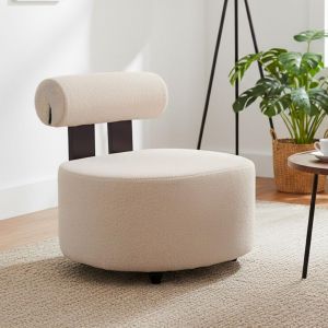 Fauteuil design Canelo Bois clair et Tissu bouclette Cr&egrave;me