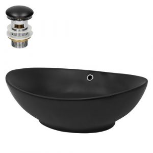 Lavabo en c&eacute;ramique noir lave mains avec garniture de vidage 590x380x190 mm