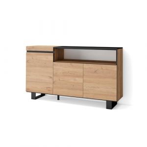 Skraut Home | Buffet Salon et Cuisine | Meuble de Rangement, Commode | 150x87x35cm | 3 Portes | Design Industriel | Style Moderne | Chêne et Noir