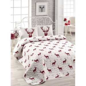 Cotecosy Set de couvre-lit 220x240cm et 2 taies d'oreiller 60x60cm Rocky Tissu Motif Cerf Bordeaux et Blanc