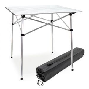 wiltec Table de camping pliante, 700 x 690 x 690 mm, table portable blanche en alu, avec dessus enroulable et sac, bbq, fêtes, barbecue, pique-nique