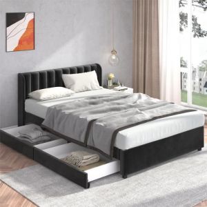 Zerbaco - Lit avec tiroirs Lit Tapissé Lit adulte 160 x 200 cm Velours Avec Sommier Dossier 2 Tiroirs, Noir - Noir