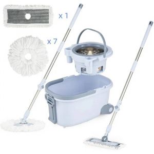 Serpill&egrave;re COSTWAY avec Double Seau 8 Tampons Nettoyage en Profondeur &agrave; 360&deg; pour Sols Bleu Claire