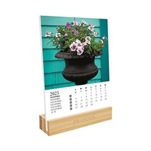 DRAEGER PARIS | Calendrier sur socle Jardins 2023 |12 x 16,5 cm | Année 2023 | 7 langues | Calendrier décoration bureau mensuel| Socle bambou | Boîte papier FSC | encres végétales
