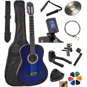 AMROVA Pack Guitare Classique 3/4 (Enfant 8-12 ans) + 10 Accessoires (Housse Accordeur) + Cours Vid&eacute;o & CD (Bleu 3/4 Droitier)