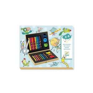 Djeco Boite de couleurs enfant 3-6 ans : crayons couleurs feutres lavables pastel - mallette coloriage dessin - set coffret artiste et carte