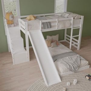 Lit superposé 90x200cm, lit enfant avec échelle, escalier et toboggan, structure en pin massif, blanc
