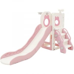 Joyz Toboggan 3-en-1 Blanc-Rose pour Enfants, Structure de Jeu Int&eacute;rieur/Ext&eacute;rieur avec Panier de Basket, &Eacute;chelle S&ucirc;re, Glissi&egrave;re Stable en