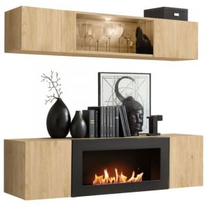 Composition murale FLY &ndash; Ch&ecirc;ne clair &ndash; Vitrine horizontale partiellement vitr&eacute;e et meuble TV avec chemin&eacute;e bio-&eacute;thanol