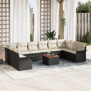 Ensemble de canap&eacute; de jardin 11 pi&egrave;ces avec coussins noir poly rattan acacia