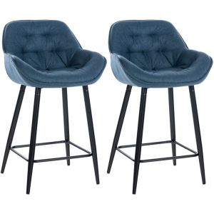 D&eacute;coshop26 Lot de 2 tabourets de bar chaises hautes assise effet capitonn&eacute;e en tissu bleu et m&eacute;tal noir 100004168