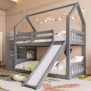 Lit superpos&eacute; 90x200 cm, lit cabane avec toboggan, escalier de rangement et barri&egrave;re de s&eacute;curit&eacute;, en bois, gris, sans matelas