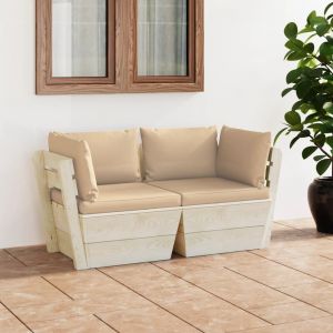 VidaXL Canapé palette à 2 places de jardin avec coussins Bois d'épicéa - Beige