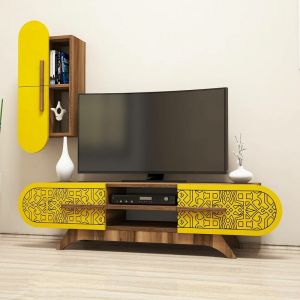 Cotecosy Ensemble meuble TV et étagère Valei Bois et Jaune Motif Arabesque Noir