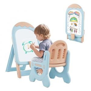Chevalet d'Art pour Enfants avec Chaise, Réglable en Hauteur et Pliable, Tableau Blanc et Boîte de Rangement, Gomme, Marqueur, Aimants, Bleu