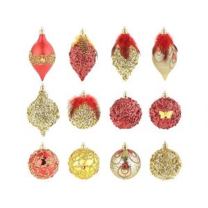 Infactory 12 boules de No&euml;l rouge et or &agrave; plumes et paillettes