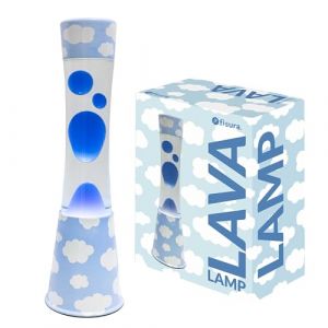 Fisura - Lampe à lave nuages avec base imprimée nuages, liquide transparent et lave bleue. Effet relaxant, avec ampoule de rechange incluse. Dimensions 11 cm x 11 cm x 39,5 cm.