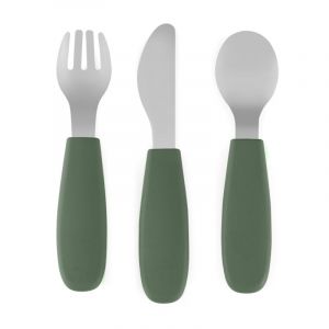 Petite&Mars Take&Match Stainless Steel Cutlery Set bestik til b&oslash;rn Misty Green 12m+ 3 stk.
