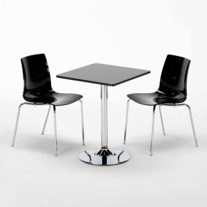 Image de Grand Soleil Table carré et ronde avec 2 Chaises colorées et transparentes intérieur Café Bar DEHOR | Lollipop Noir - Noir - Carré