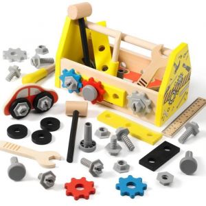 Dorjee - Ma boite à outils mécano en bois - 33 pièces pour bricoler dans sa boite en bois à partir de 3 ans - noir