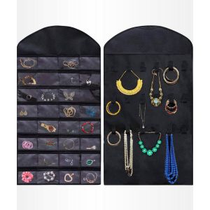 Aerend - Organiseur de bijoux - Porte-bijoux double face suspendu et transparent - Accessoires de rangement - Sac de rangement au-dessus de la porte en noir - Pour colliers, boucles d'oreilles, lunettes de soleil, bagues, Maquillage