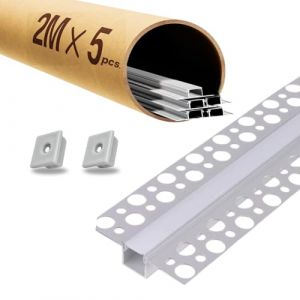 Evotrade – Lot 5 profilés LED aluminium 2M (10M) pour plaques de plâtre avec couvercle opalin et embouts – installation encastrée invisible, lumière