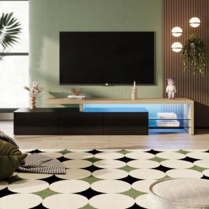 Meuble tv &Eacute;clairage led Design Moderne - Armoire tv Style &Eacute;l&eacute;gance Espace de Rangement Pratique &Eacute;tag&egrave;res en Verre - Aspect Bois 200x39x 42cm Noir