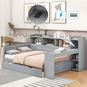 Fortuna Lai - Lit simple 90x200cm - Canapé-lit méridienne avec 2 tiroirs, étagères de rangements, bureau et port usb - aggloméré, gris