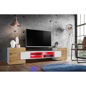 Komodee - Meuble Banc tv Merano, White/White/Wotan, Éclairage led Multicolore, Largeur 230 cm x Hauteur 52,5 cm x Profondeur 35 cm, sans led, pour