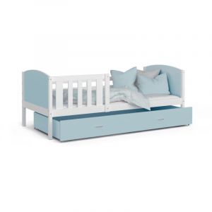 Kids Literie - Lit Enfant Tami 90x190 (Sans Matelas ) Blanc - bleu Livré avec le sommiers et tiroir.