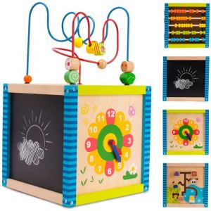 Image de Sun Baby Jouet Cube d'activités en bois à partir de 18 mois, boulier, horloge, labyrinthe, apprentissage des formes et des couleurs