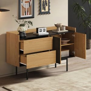 Buffet 130x40x80,5cm commode, 2 tiroirs 2 portes, meuble de cuisine avec étagères réglables, mdf, noir + naturel