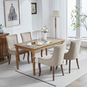 Lots de 2 chaises tissus pieds bois massif tonnes de clous neutres d&eacute;coratifs en bronze beige