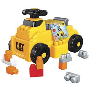 Mattel Mega Bloks - Porteur et Construction CAT - Volant qui Tourne, Pelle Frontale, Siège Coffre - 10 Blocs - 4 Surfaces de Construction - Cadeau dès 1 an, HDJ29